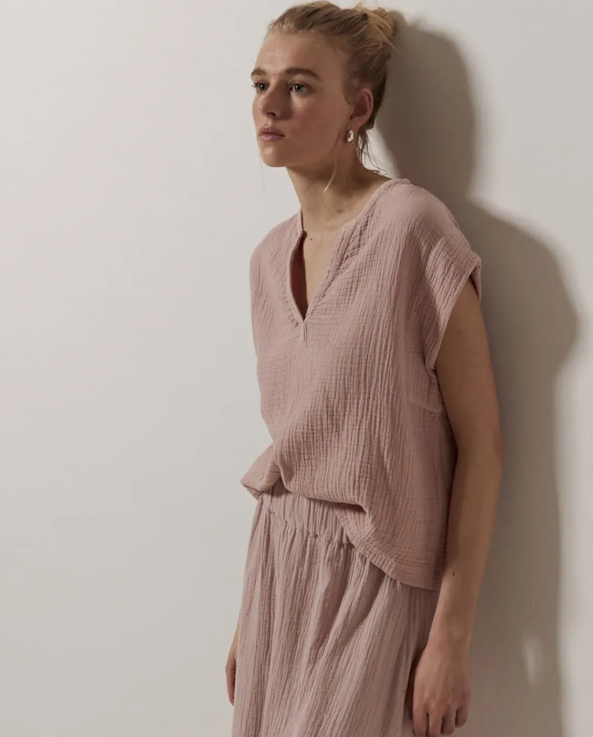 Blusa doble gasa algodón rosa pálido