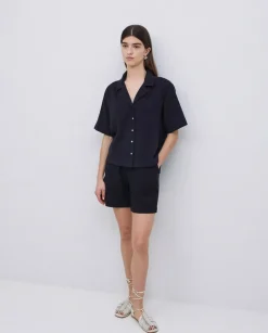 Camisa bimateria cuello solapa negro