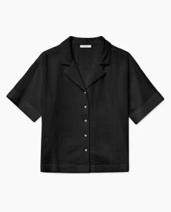 Camisa bimateria cuello solapa negro