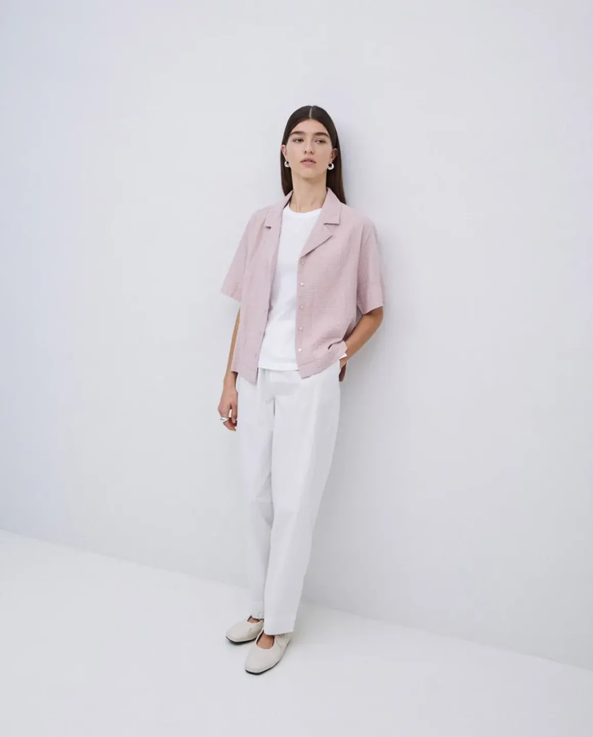Camisa bimateria cuello solapa rosa pálido