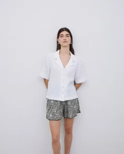 Camisa bimateria cuello solapa blanco
