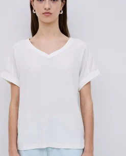 Camiseta bimateria escote pico crudo