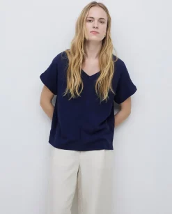 Camiseta bimateria escote pico azul oscuro