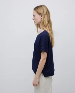 Camiseta bimateria escote pico azul oscuro