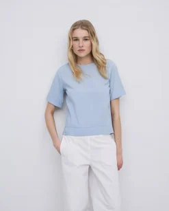 Camiseta bimateria escote redondo azul grisáceo