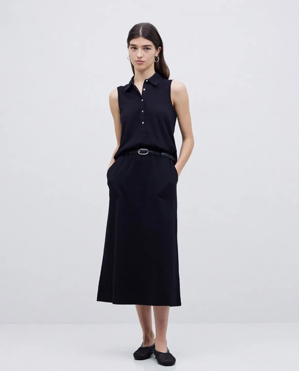 Falda midi flamé de algodón negro