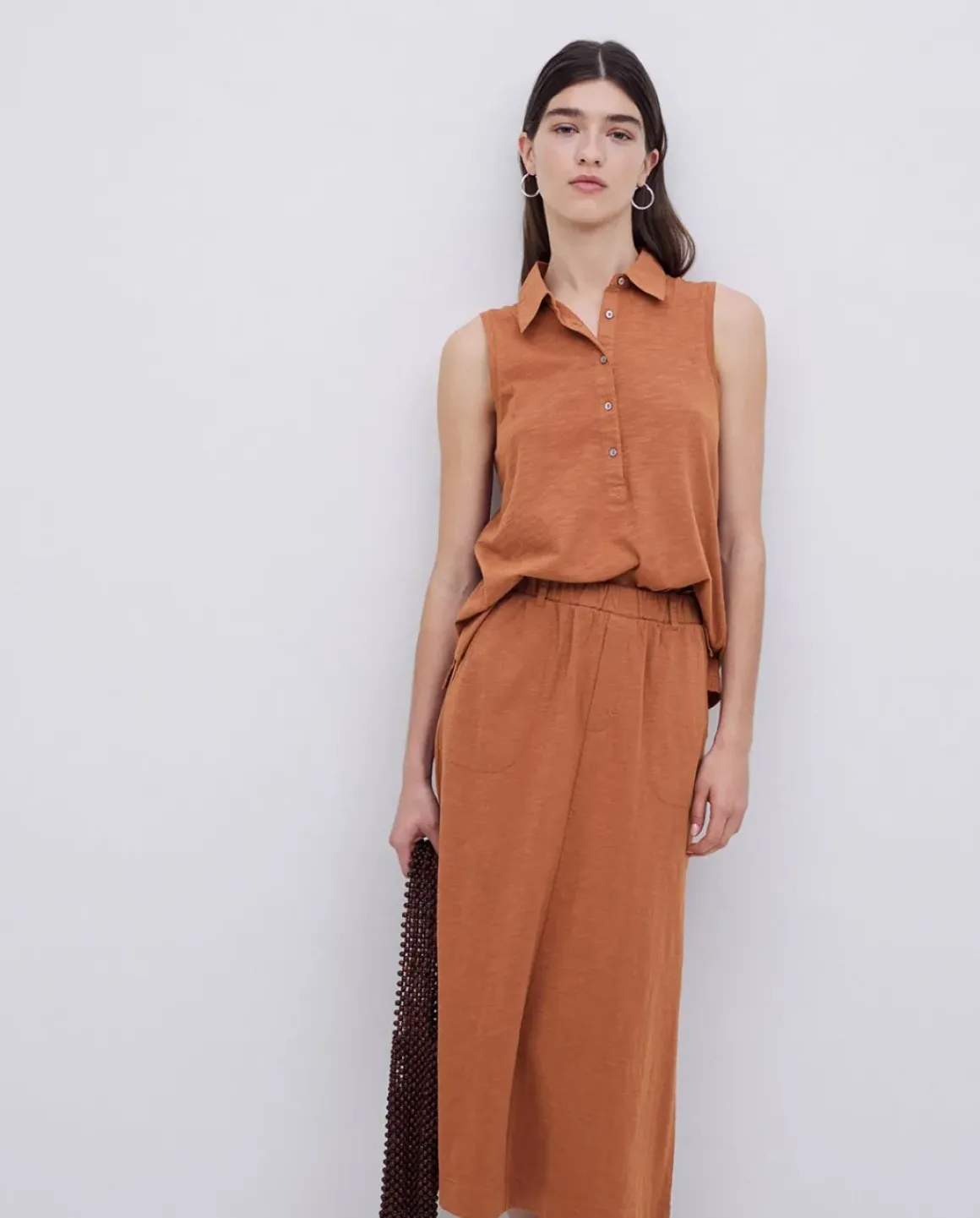 Falda midi flamé de algodón terracota