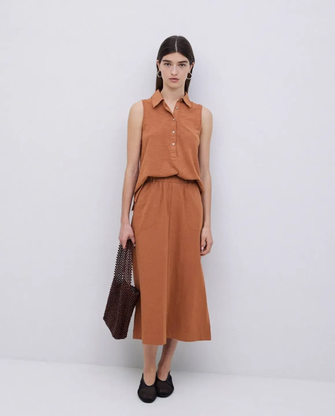 Falda midi flamé de algodón terracota