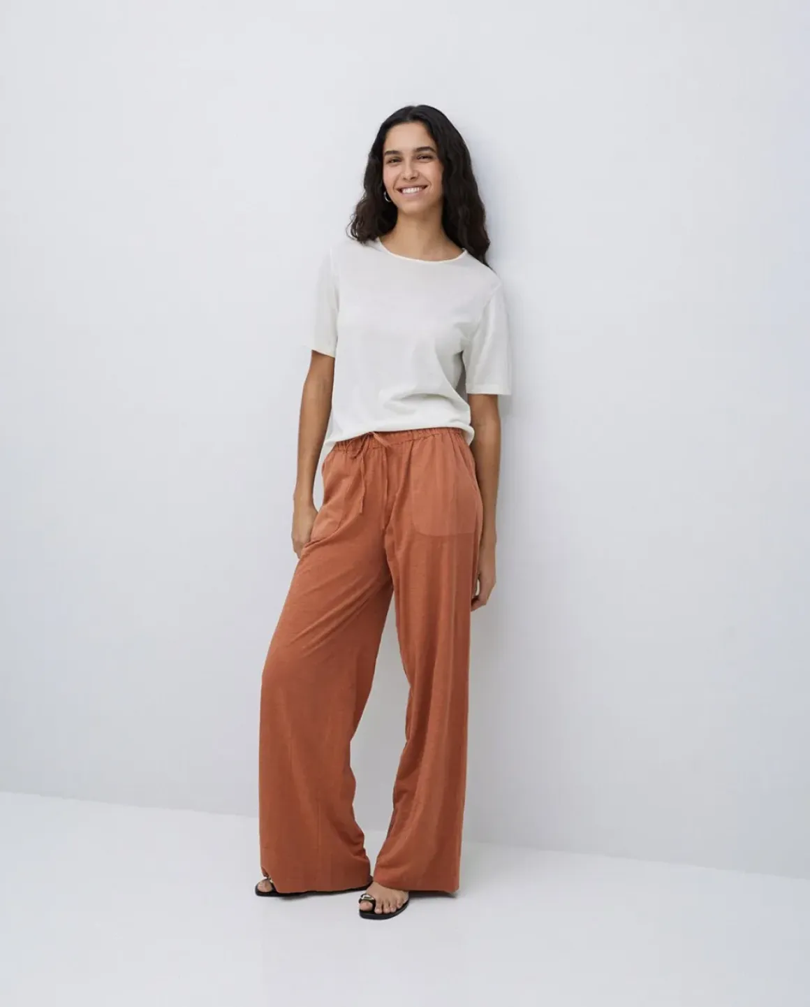 Pantalones algodón cintura elástica terracota