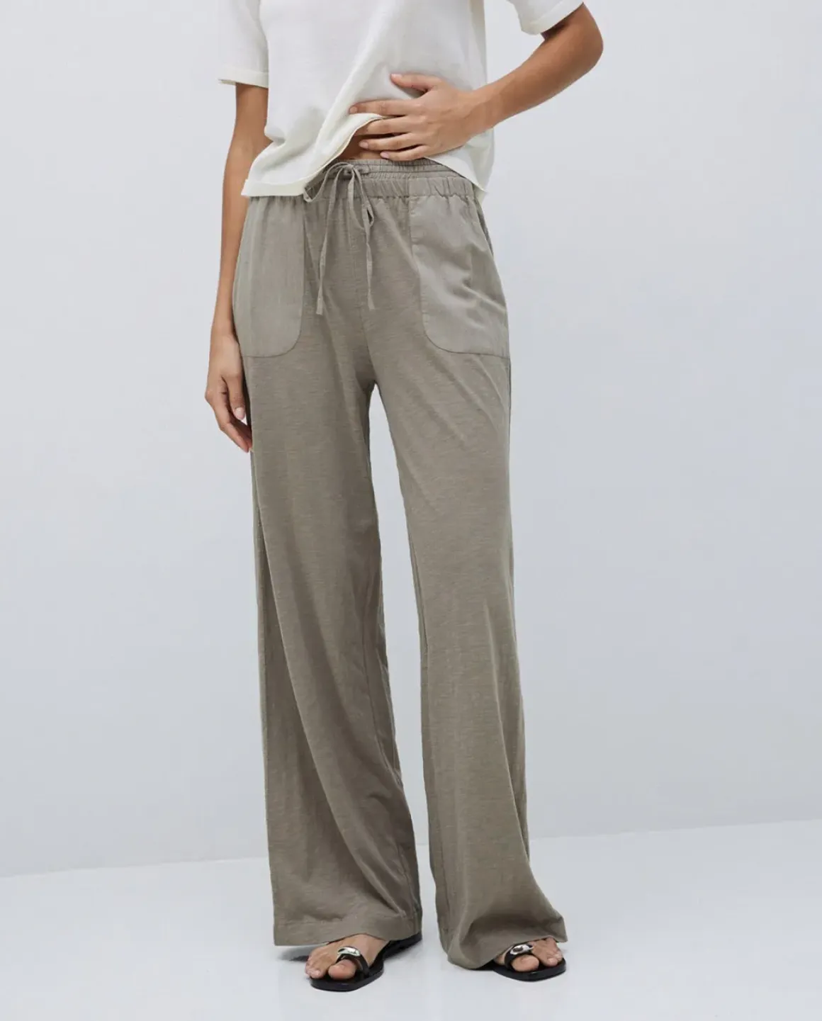 Pantalones algodón cintura elástica caqui