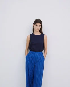 Pantalones popelín rayas azul oscuro
