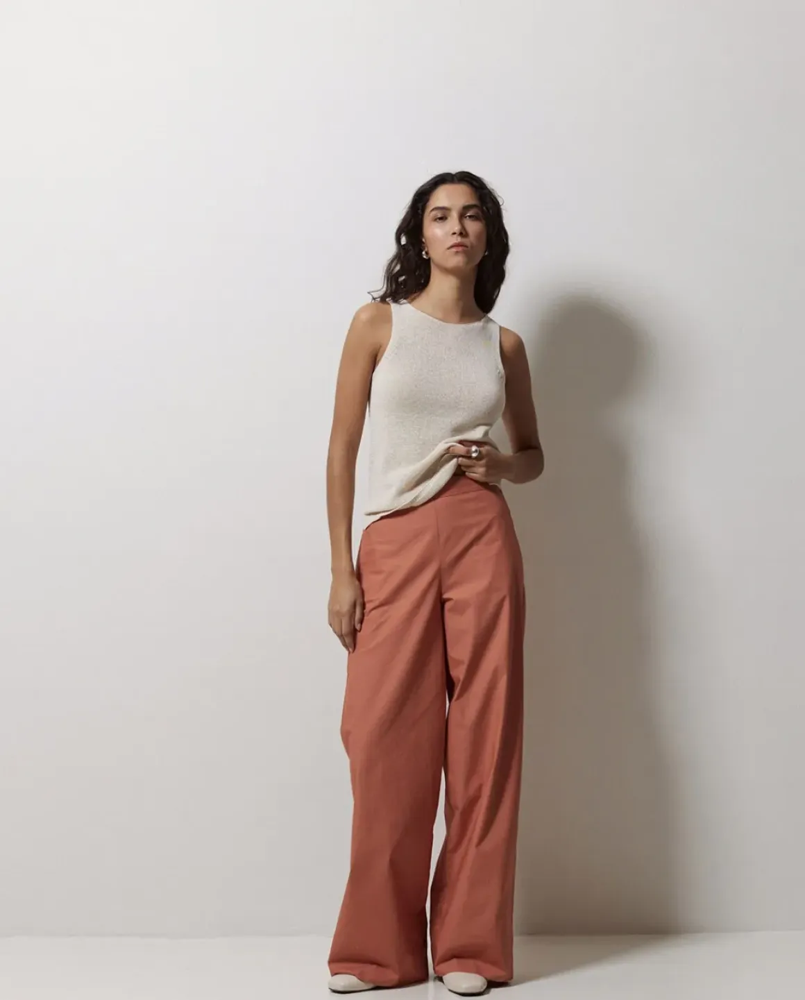 Pantalones popelín wide leg terracota