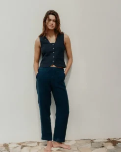 Pantalones rectos lino azul oscuro