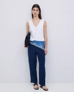 Pantalones rectos lino azul oscuro