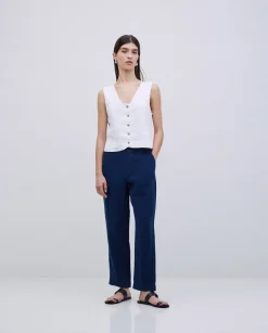 Pantalones rectos lino azul oscuro