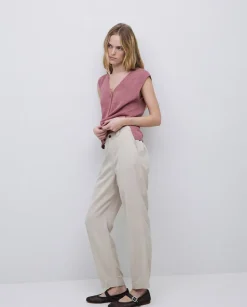 Pantalones rectos tencel beige