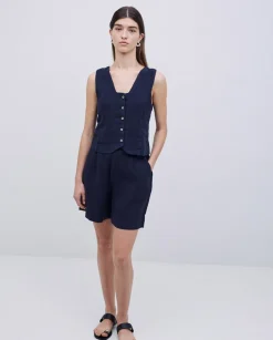 Shorts 100% lino azul oscuro