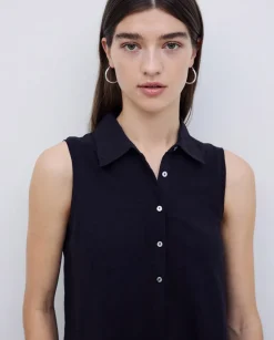 Top cuello polo botones negro