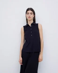 Top cuello polo botones negro