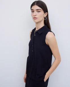 Top cuello polo botones negro