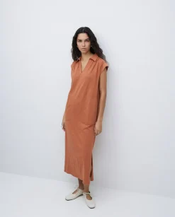 Vestido camisero flamé de algodón terracota