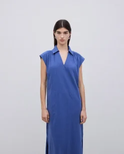 Vestido camisero flamé de algodón azul