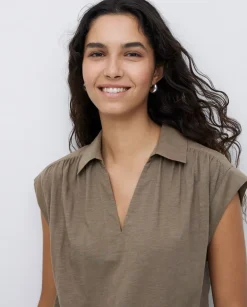 Vestido camisero flamé de algodón caqui
