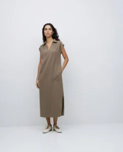 Vestido camisero flamé de algodón caqui