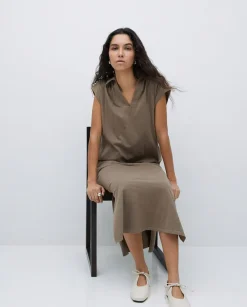 Vestido camisero flamé de algodón caqui