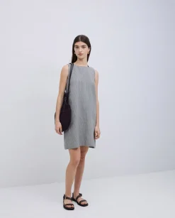 Vestido corto rayas lino y algodón azul grisáceo
