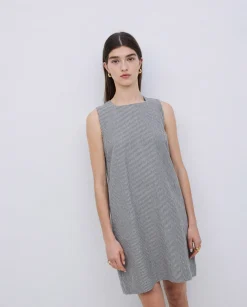 Vestido corto rayas lino y algodón azul grisáceo