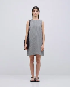 Vestido corto rayas lino y algodón azul grisáceo