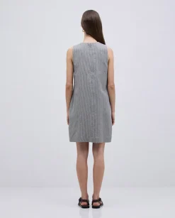 Vestido corto rayas lino y algodón azul grisáceo