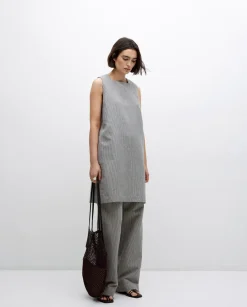 Vestido corto rayas lino y algodón azul grisáceo