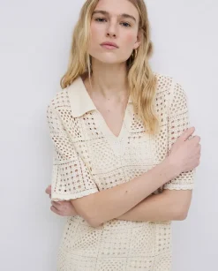 Vestido crochet cuello polo crudo