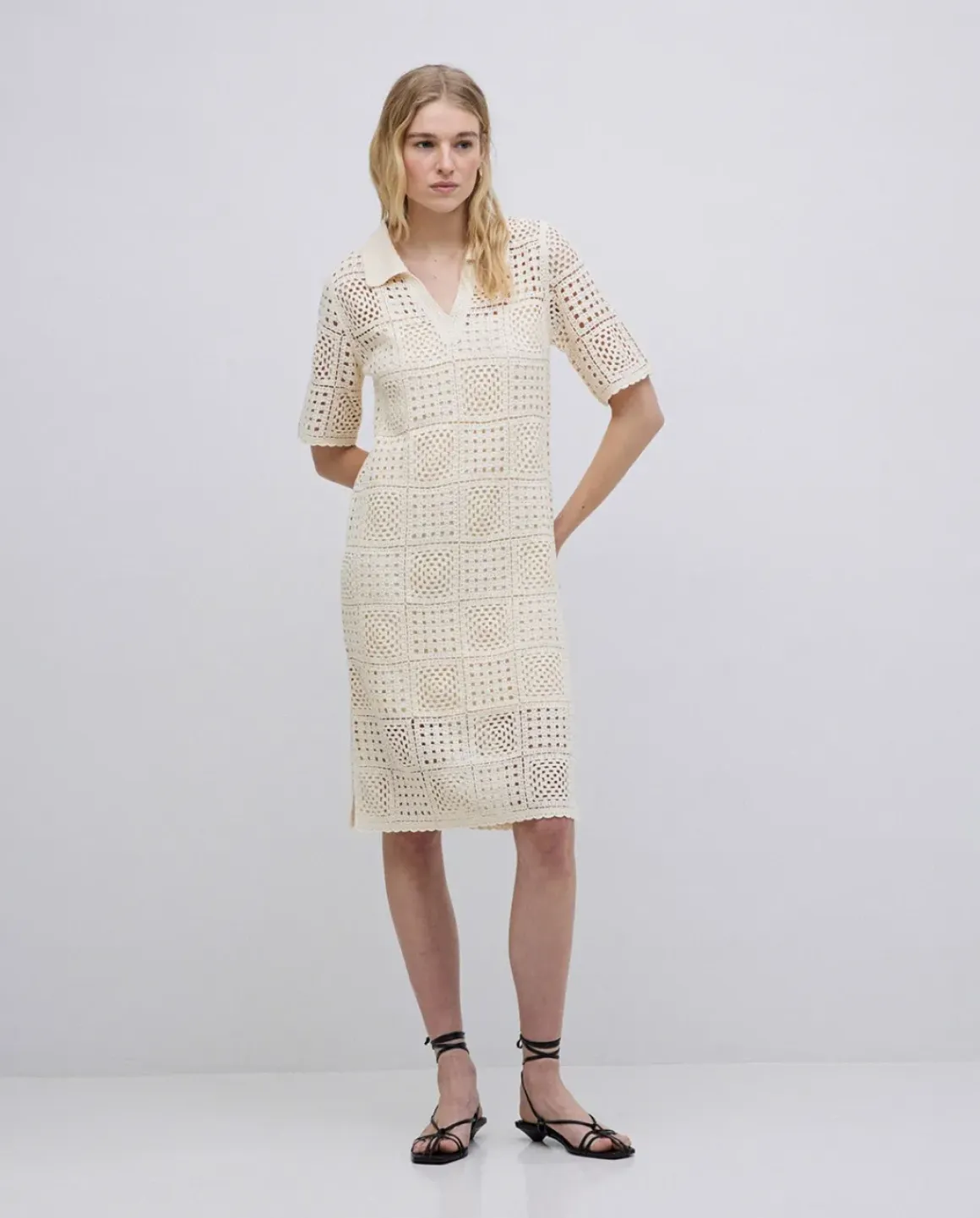 Vestido crochet cuello polo crudo