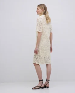 Vestido crochet cuello polo crudo