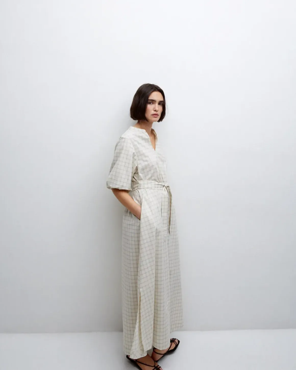 Vestido largo cuadros crudo