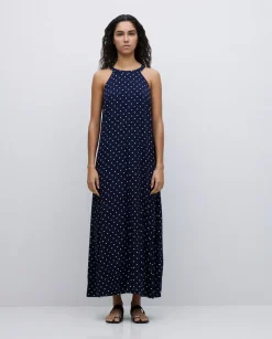 Vestido largo cuello halter lunares azul oscuro