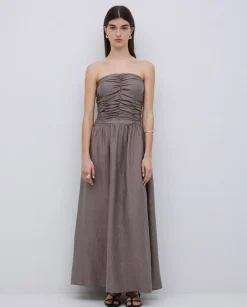 Vestido largo drapeado caqui