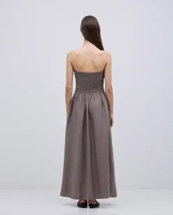 Vestido largo drapeado caqui