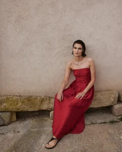 Vestido largo drapeado terracota