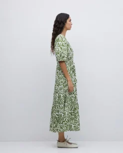 Vestido largo manga abullonada verde