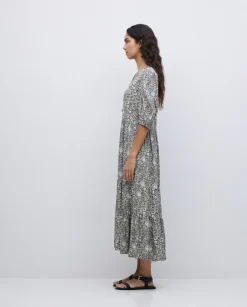 Vestido midi estampado floral caqui