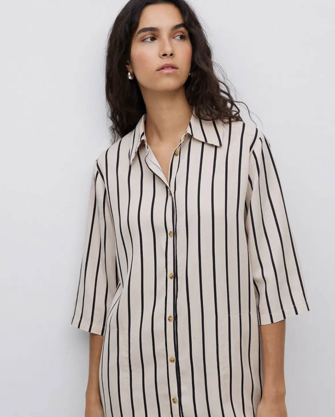 Vestido tencel cuello camisero crudo