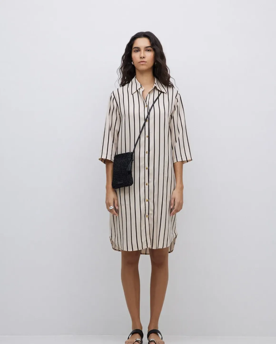 Vestido tencel cuello camisero crudo
